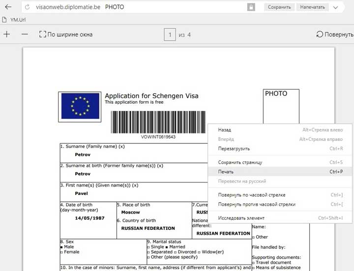 Сохраненная анкета на визу в Бельгию в формате PDF
